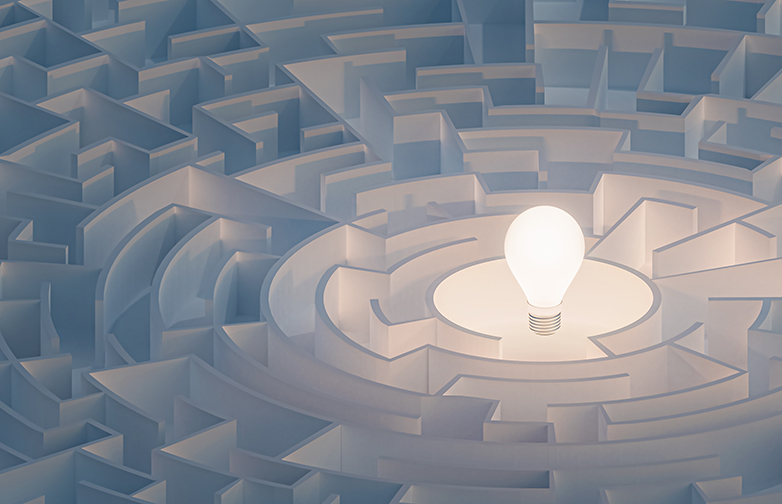 Circular maze or labyrinth with light bulb in its center. Puzzle, riddle, intelligence, thinking, solution, IQ concepts. 3d render illustration.