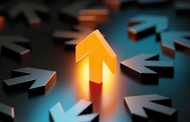 Stock Market And Finance Concept - Yellow Up Arrow Symbol Glowing Amid Black Arrow Symbols On Black Background