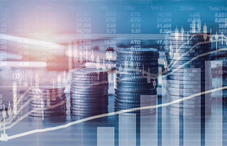 Double exposure financial indices and stock market in accounting market economy analysis with graph business concept background