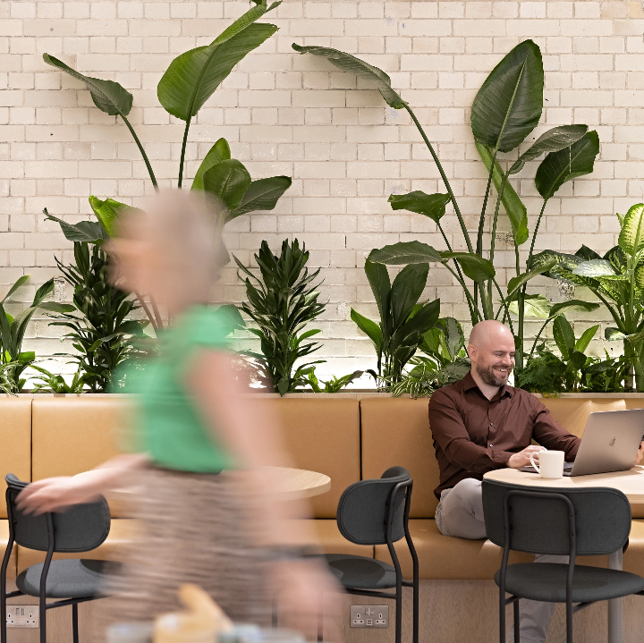 A man using a laptop sits on a bench in a modern cafe with large green plants and a beige brick wall, reminiscent of Eton Bridge Partners' inviting atmosphere. A woman in a green top walks by, blurred in motion.