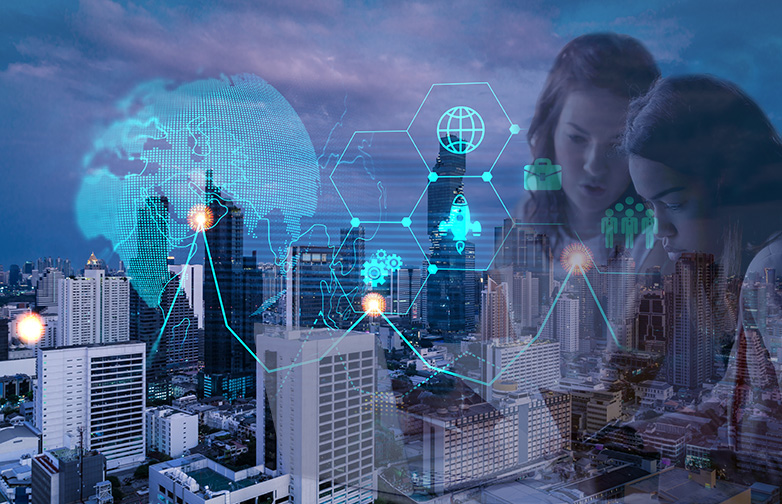 Hologram of Research and Development glowing icons. Sunset panoramic city view of Bangkok. Concept of innovative technologies to create new services and products in Asia. Double exposure.