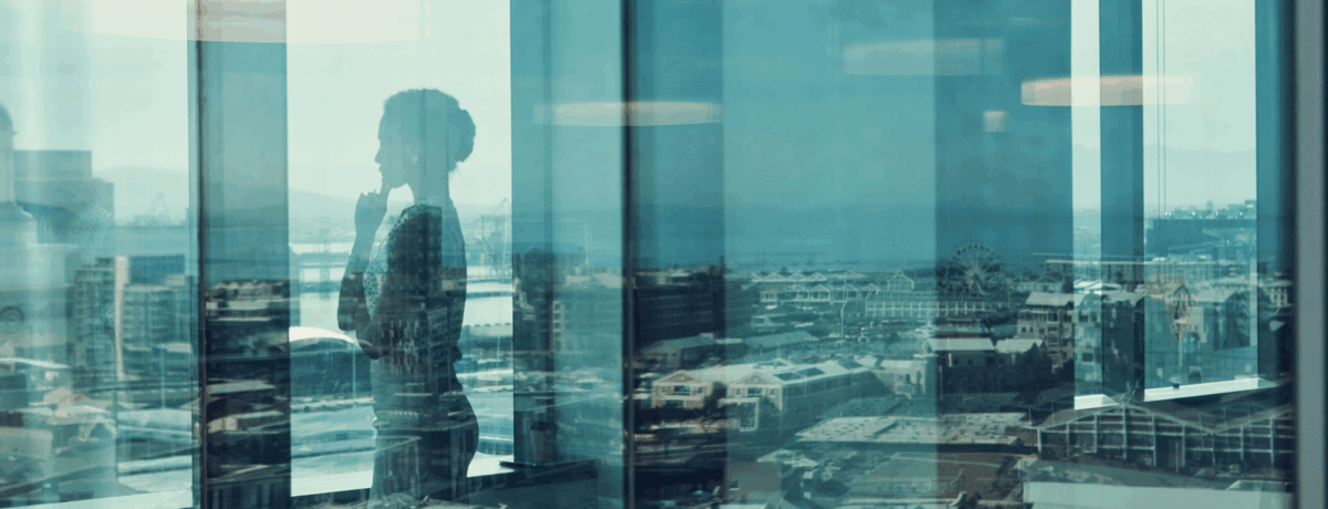 Woman through the window in an office, with double exposure of the city. Private Equity.