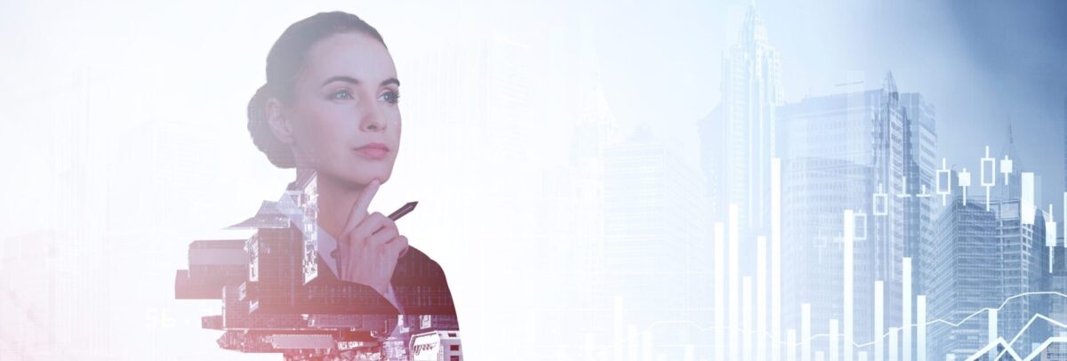 Businesswoman with notebook, background of skyscrapers, stock market data
