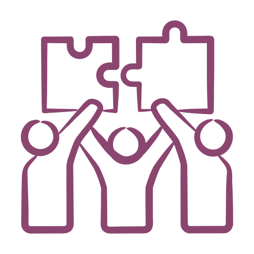 Three stick figures holding interlocking puzzle pieces above their heads, symbolizing teamwork and collaboration, akin to how a tax team efficiently assembles complex regulations.
