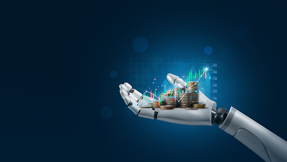 Ai(Artificial Intelligence) And Financial Technology Concept.robot Hand Holding Stacking Pile Of Coins And Analyzing The Stock Market. , Financial Technology, Stock Chart, Investment, Ai Economy.