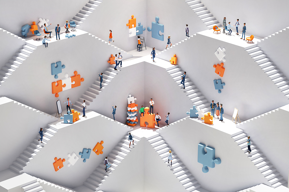 Business People Working Together With Puzzles, Solving Problems. Abstract Environment With Stairs And Multiple Floor Levels Showing Departments And Branches. Hr Operations