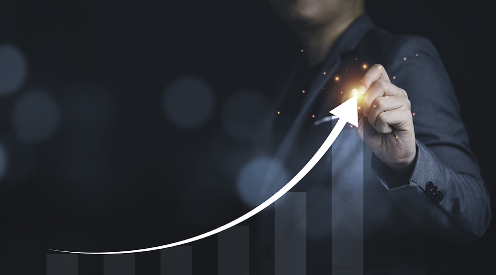 Businessman Writing Growth Increasing Arrow With Chart And Graph.it Is Symbol Of Business Investment Growth Concept.