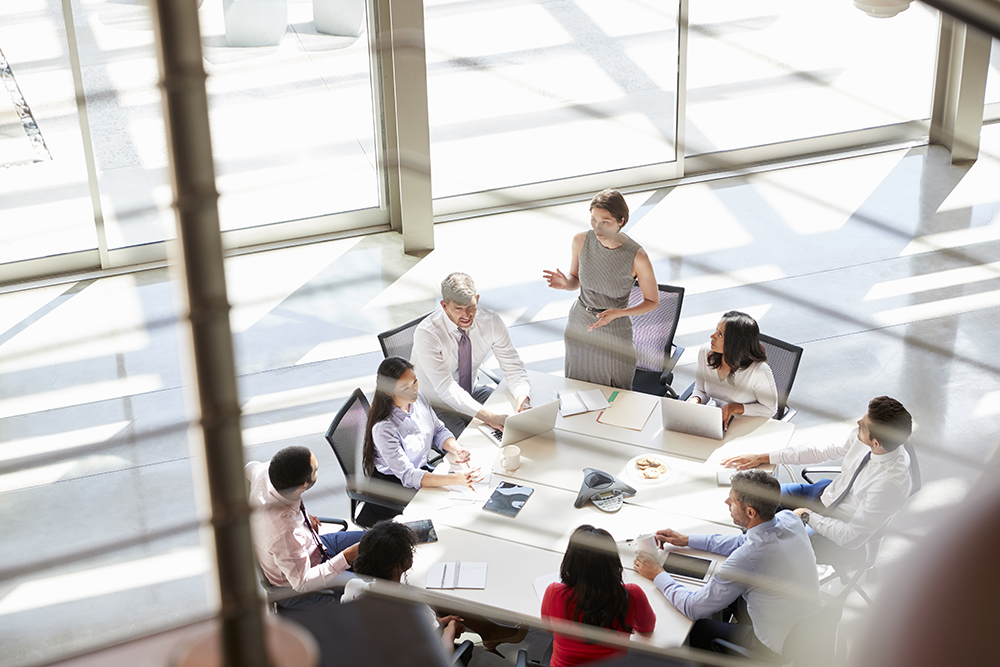 Female Manager Addressing A Meeting, Seen From Stairs