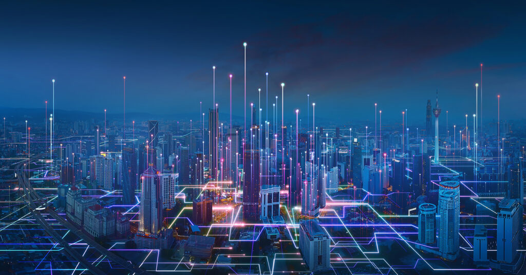 Technology Leadership In Private Equity (Smart City And Abstract Line And Dot Connect With Gradient Line Design)