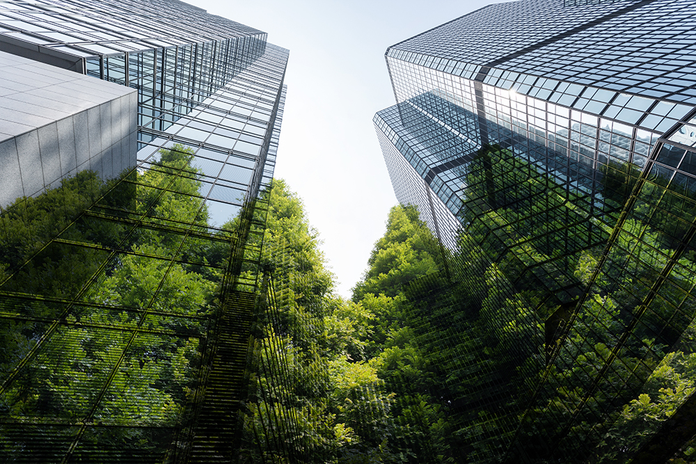 Green trees and office buildings, Recyclable concept lifestyle.
