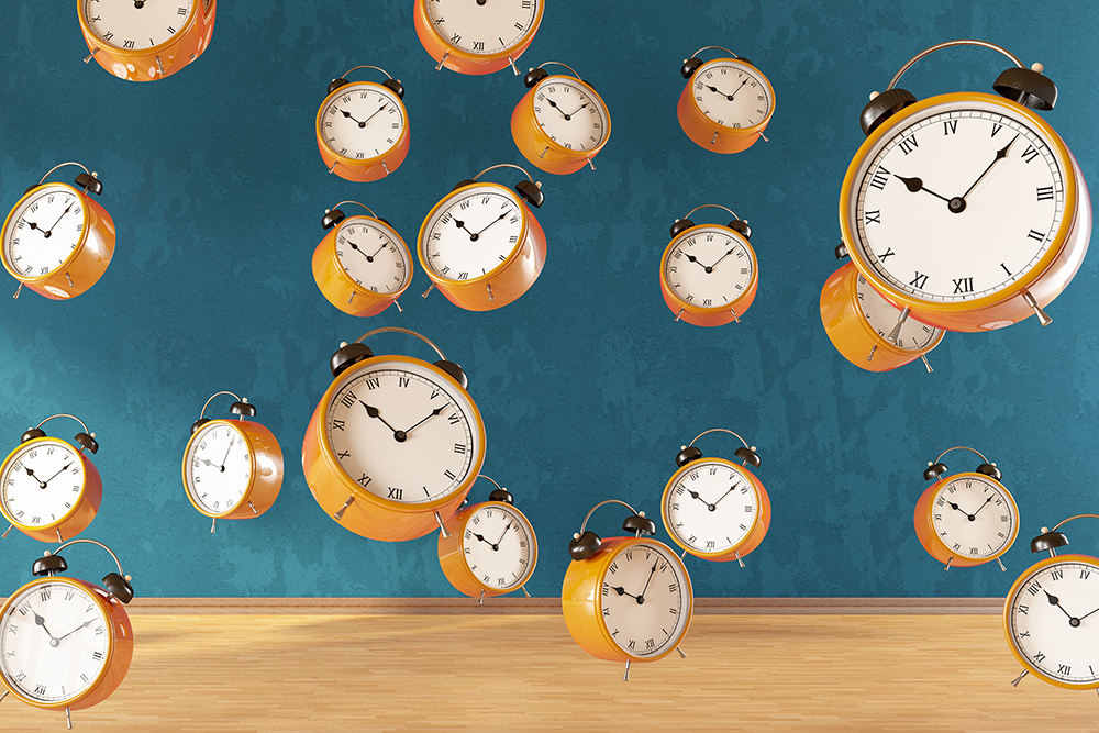 Alarm Clocks Floating In The Air. 3D Render