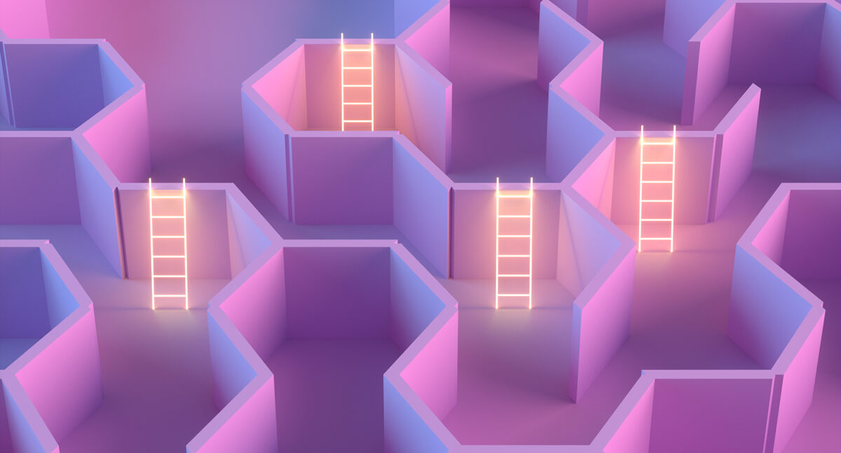 Sector moves: Labyrinth, maze with neon lighting staircase. Footpath, choices, problems, strategy concept.